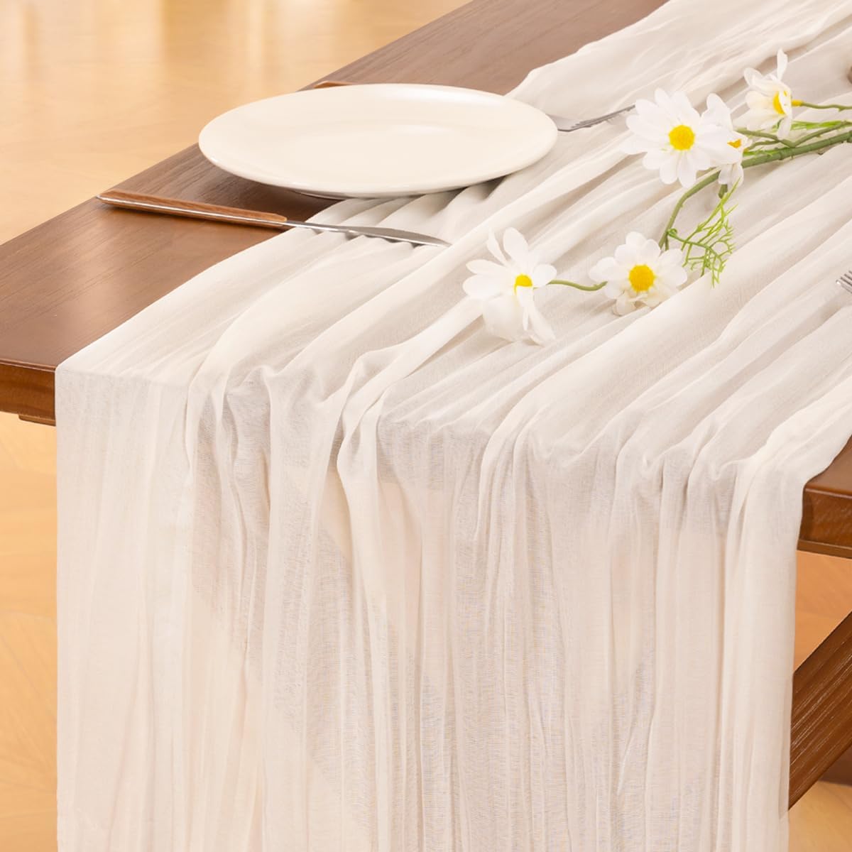 Socomi 6pcs Ivory White Cheesecloth Table Runner Fall Thanksgiving Boho Rustic Gauze 120 inch 10FT Cheese Cloth Runner for Wedding Party Baby Shower Birthday Home Decor Holiday Decorations