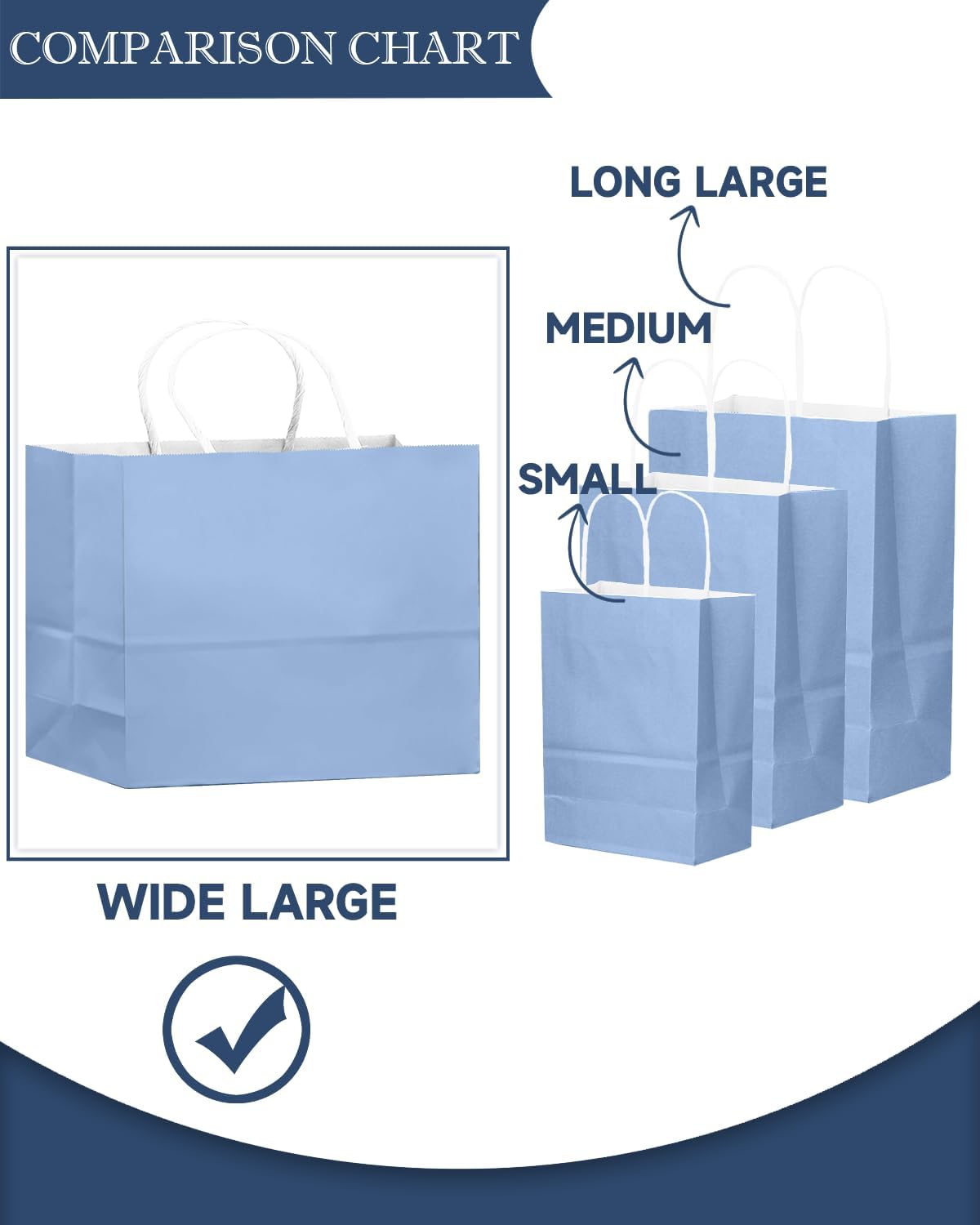 qiqee 50-Packs Light Blue Paper Gift Bags with Handles Bulk 12.6"x4.3"x10" Wide Large Size Party Favor Bags Multiple Uses