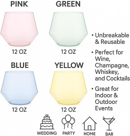 40 count Diamond Unbreakable Stemless Plastic Wine Champagne Whiskey Glasses Elegant Durable Disposable Indoor Outdoor Ideal for Home, Office, Bars, Wedding, 12 Ounce Cups Gold Rim (Color Collection)