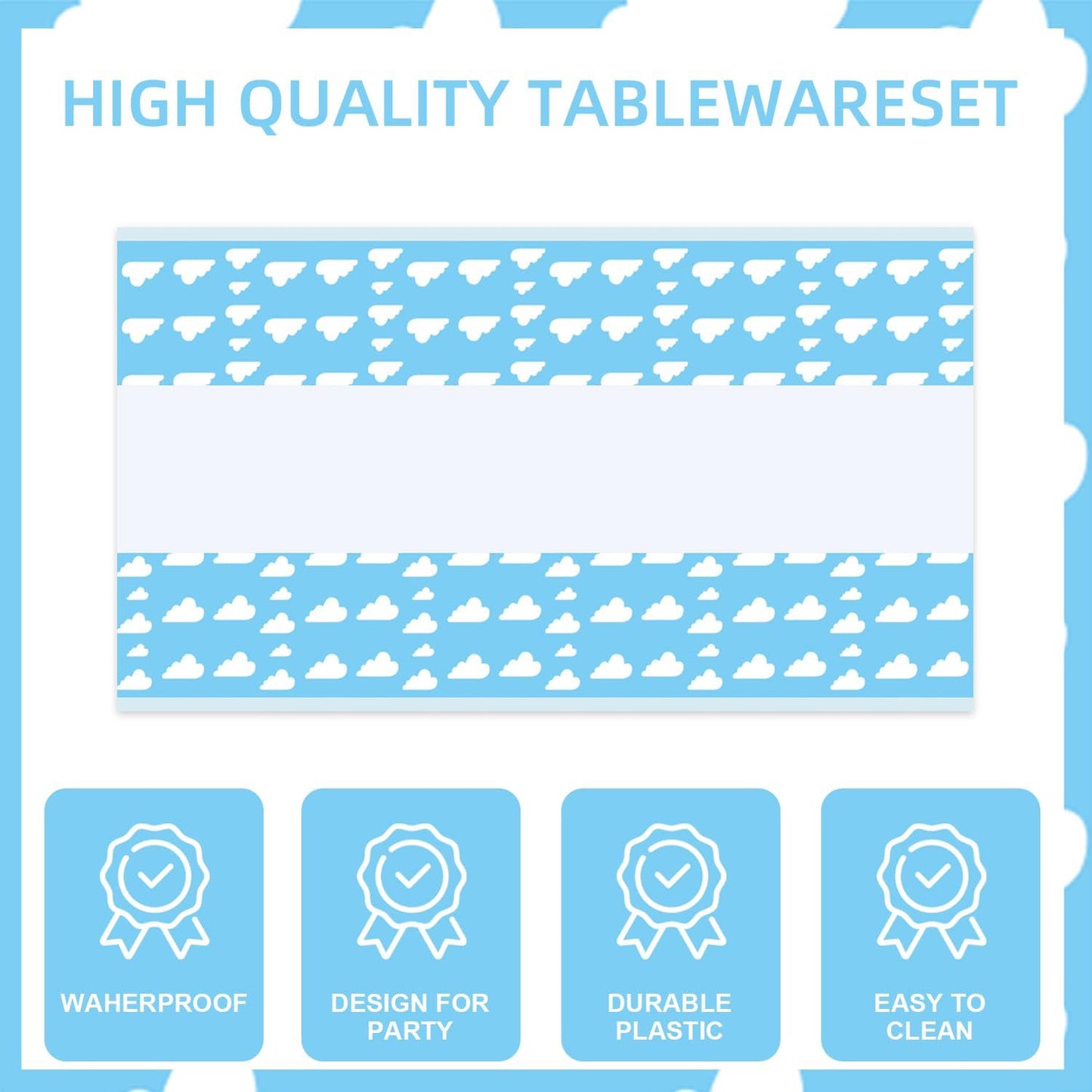 141pcs Blue Sky White Clouds Party Decorations,Cartoon Story Party Disposable Tableware Includes Dinner Paper Napkin Cup Knife Fork Straws Tablecloth Toy Inspired Story Supplies set