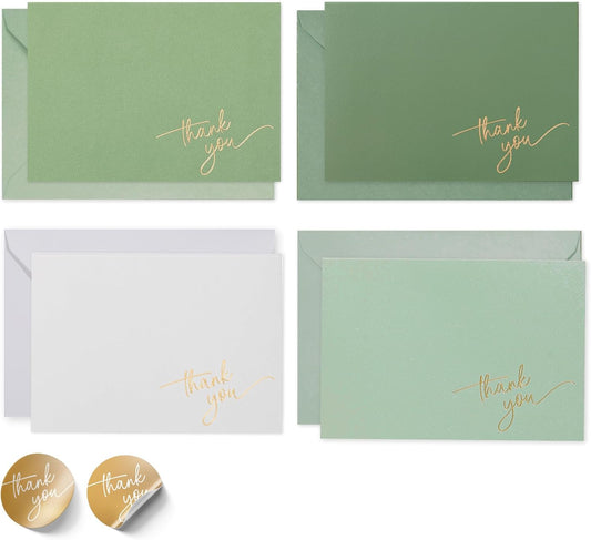 Gold Foil Thank You Cards - Bulk Pack of 40, 5x3.5 Inch with Matching Stickers & Envelopes (Green) Textured Surface for a Unique Feel - Suitable for Baby Shower, Wedding, Small Business, Graduation