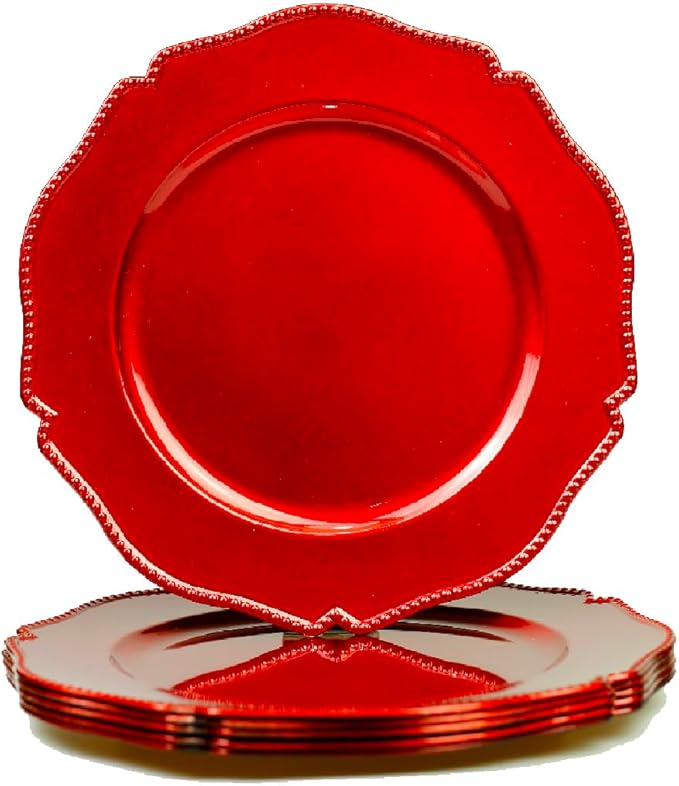 Hot Red scalloped charger plates with beaded rim,13 inch plastic dinner chargers for wedding and party table settings, Glossy Finish (set of 6)
