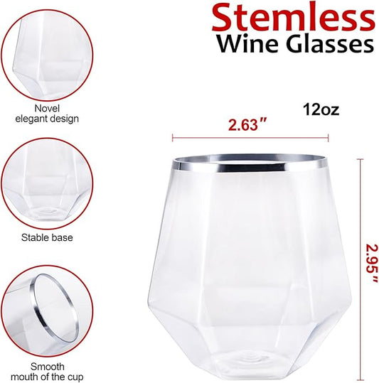 LUODA 32 Pack Silver Plastic Wine Glasses,12 Oz Disposable Whiskey Glasses, Silver Stemless Diamond Shaped Wine Glasses For Serving Wine, Cocktail, Whiskey,Wedding