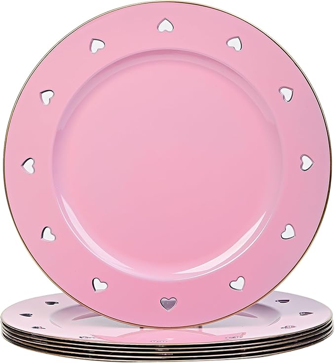 13" Round Pink Charger Plates, Heart Hollow Chargers for Dinner Plates with Golden Border, Formal Table Setting Accessory Centerpiece Bluk Wedding, Valentine's Day, Galentine's Day, Easter, Set of 6