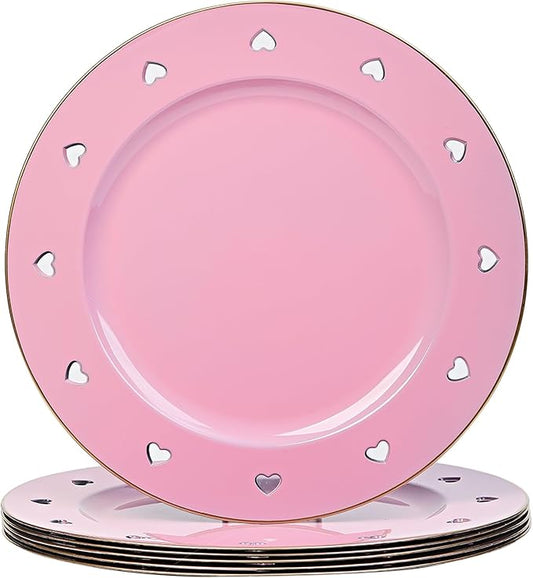 13" Round Pink Charger Plates, Heart Hollow Chargers for Dinner Plates with Golden Border, Formal Table Setting Accessory Centerpiece Bluk Wedding, Valentine's Day, Galentine's Day, Easter, Set of 6