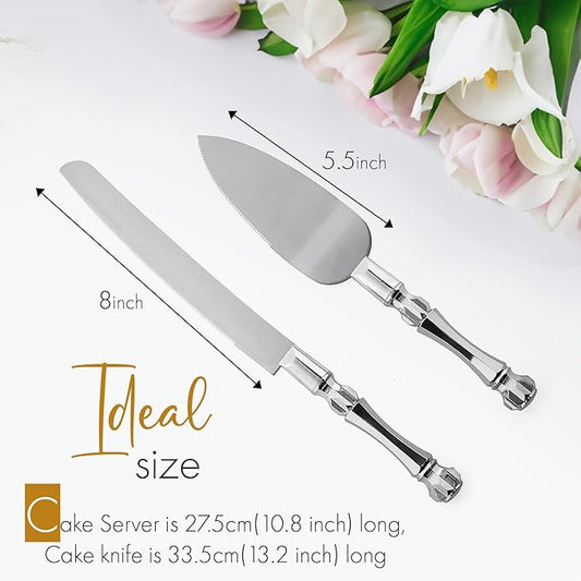 Cake Knife and Server Set, Cake Cutter and Pie Spatula, Cake Server and Knife Set with Acrylic Crystal Handles, Cake Cutting Set for Wedding Cake – 1.2mm Thick Blades, Birthdays, and Parties (Silver)
