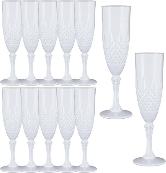 Plastic Champagne Flutes,12PCS White Solid Wine Glasses Goblets Shatterproof Mimosa Bar Reusable Vintage Champagne Flutes Stemmed Drinking Cups for Weddings, Bachelor Parties, Toasting,Cava, Prosecco