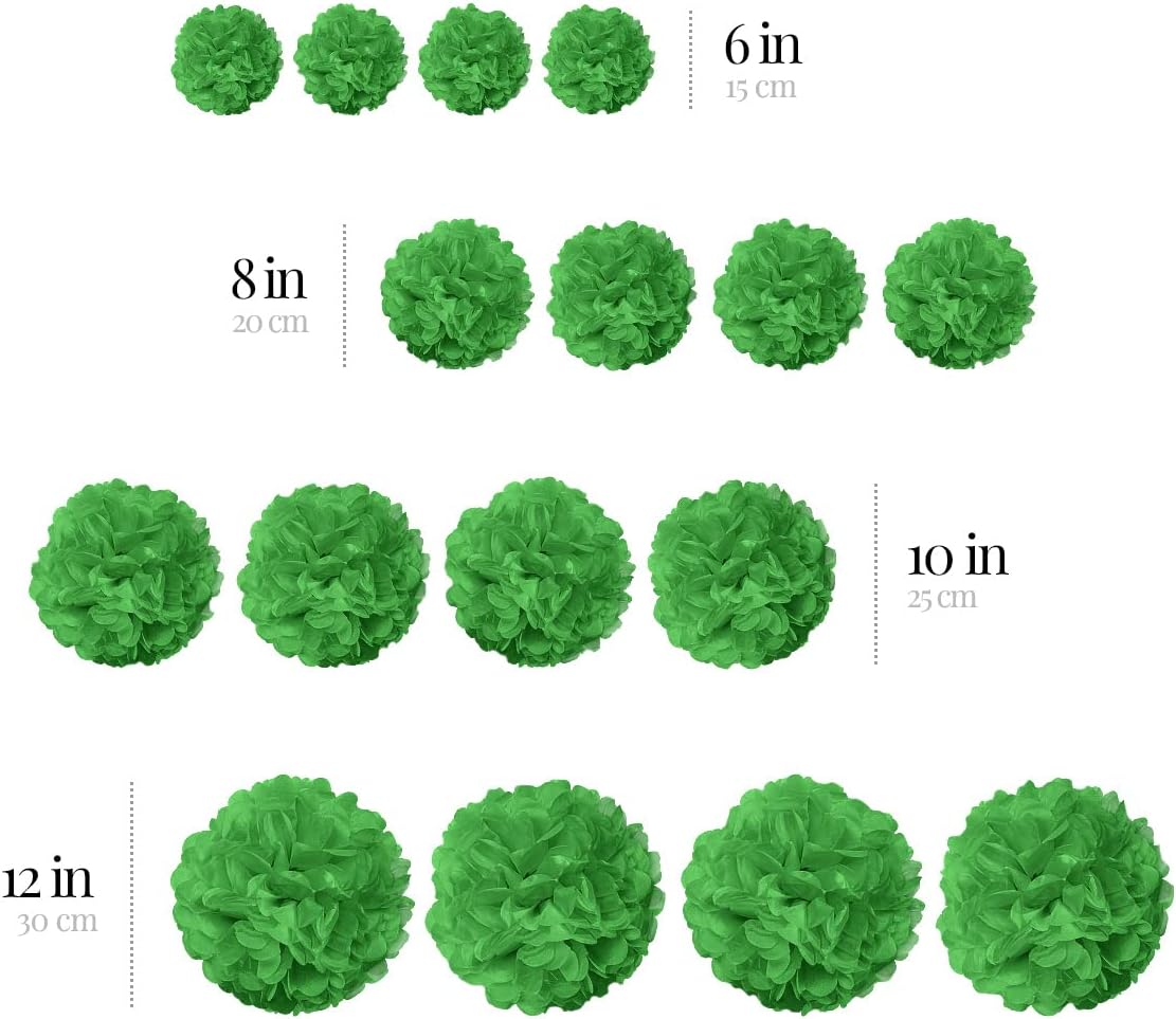 Green Tissue Paper Pom Poms - Green Party Decorations for Birthdays, Weddings, Baby Showers and Special Occasions by Avoseta (16 Piece Set, Assorted Sizes)