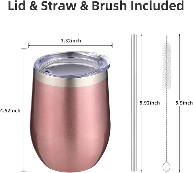 12 oz Insulated Wine Tumbler with Lid and Straw,Stainless Steel Stemless Wine Tumbler Glasses Double Wall Vacuum Wine Cups Tumbler Bulk for Champaign,Cocktail,Office(Rose Gold,8)