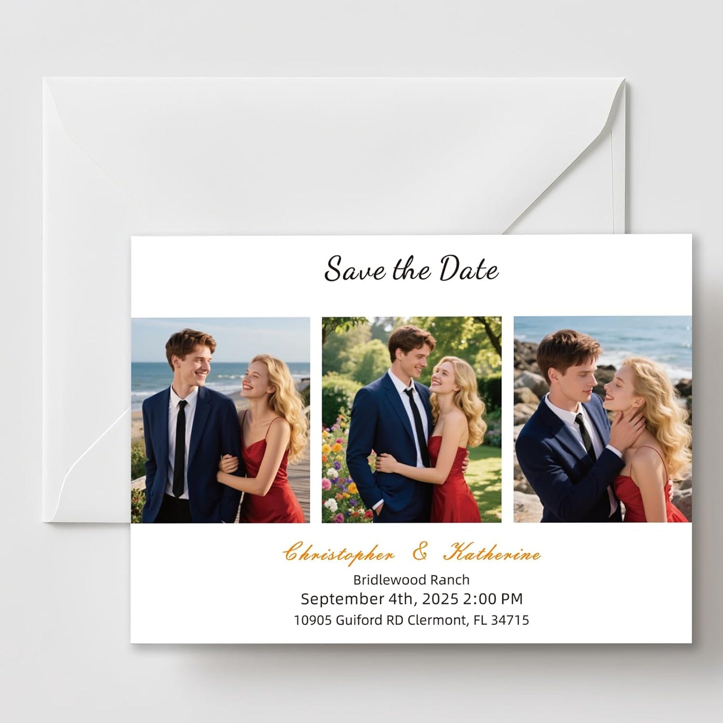 Personalized Save the Date Wedding Invitation Card with Photo 4x6inch 350GSM Papers and Envelopes, Custom Thank You card for Weddings, Birthdays and Parties, 50pcs or more (Horizontal with 3 Photos)