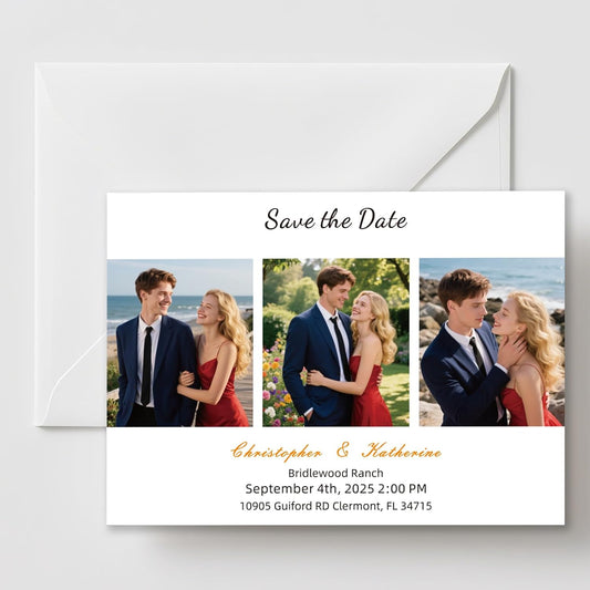 Personalized Save the Date Wedding Invitation Card with Photo 4x6inch 350GSM Papers and Envelopes, Custom Thank You card for Weddings, Birthdays and Parties, 50pcs or more (Horizontal with 3 Photos)