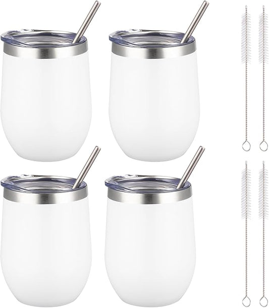 12 oz Insulated Wine Tumbler with Lid and Straw,Stainless Steel Stemless Wine Tumbler Glasses Double Wall Vacuum Wine Cups Tumbler Bulk for Coffee,Cocktail,Office (White,4)