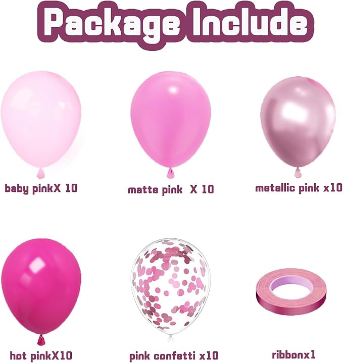 Zesliwy Pink Balloon Hot Pink Balloons Set, 50pcs 12inch Pastel Light Pink Metallic Pink Confetti Balloons for Princess Birthday Wedding Bridal Shower Valentine's Day party Decorations