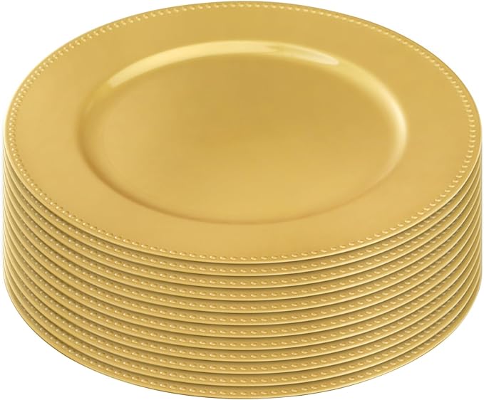 Okllen 12 Pack Plastic Gold Charger Plates, 13" Round Beaded Charger Plates for Wedding, Catering Event, Tabletop Decor