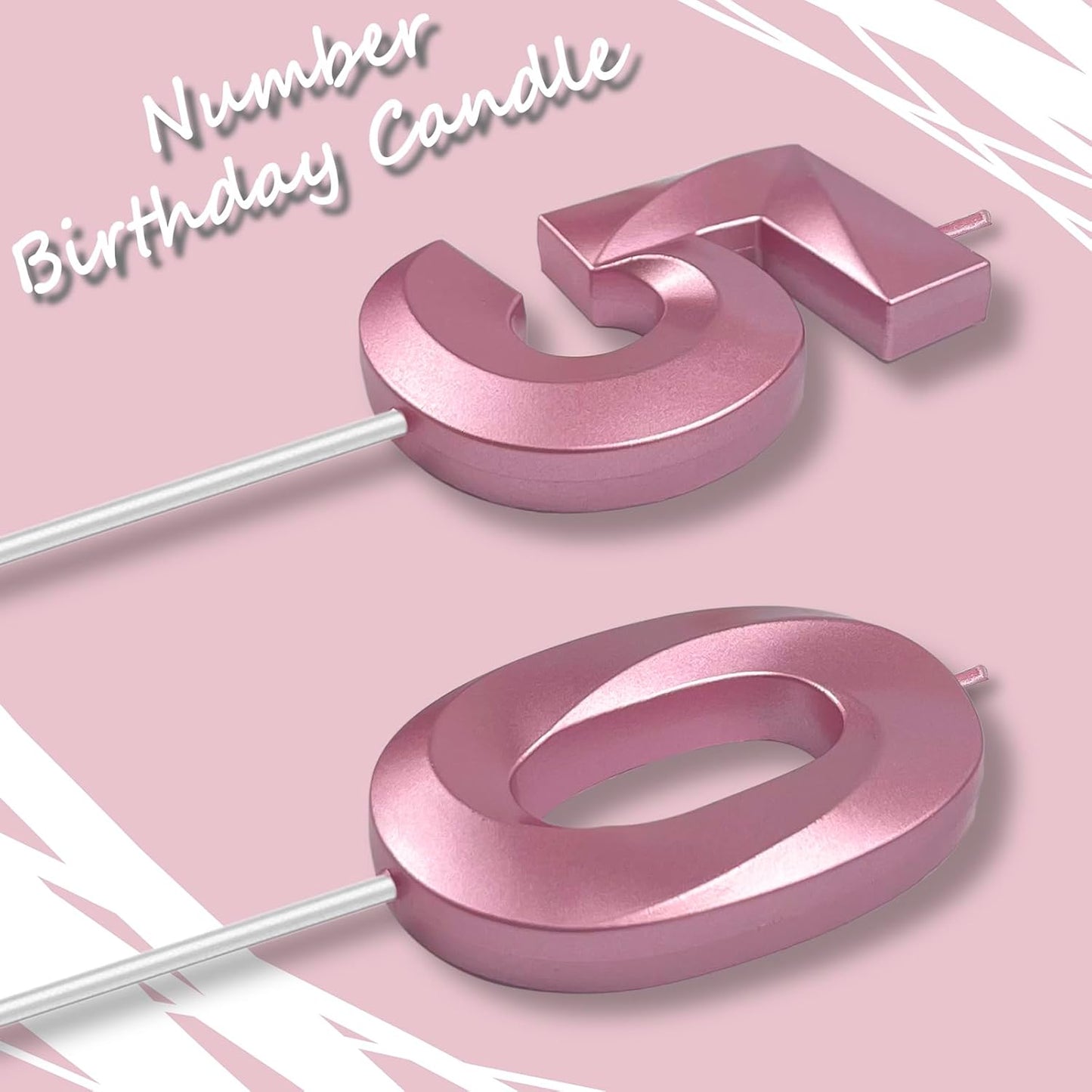 Pink Number 50 Candles, 3D Diamond 2.76 Inch Cake Topper Birthday Candles for Wedding Anniversary Cake Decorations, Happy Birthday Party Decorations