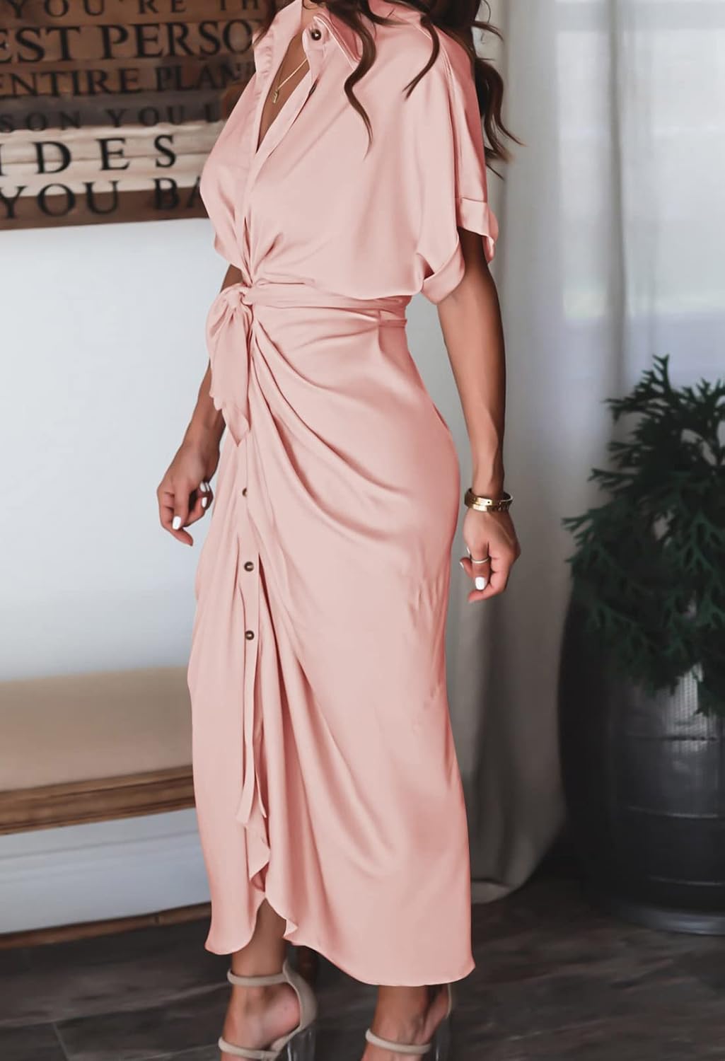 Women Elegant Satin Button Down Short Sleeve Maxi Shirt Dress with Belt
