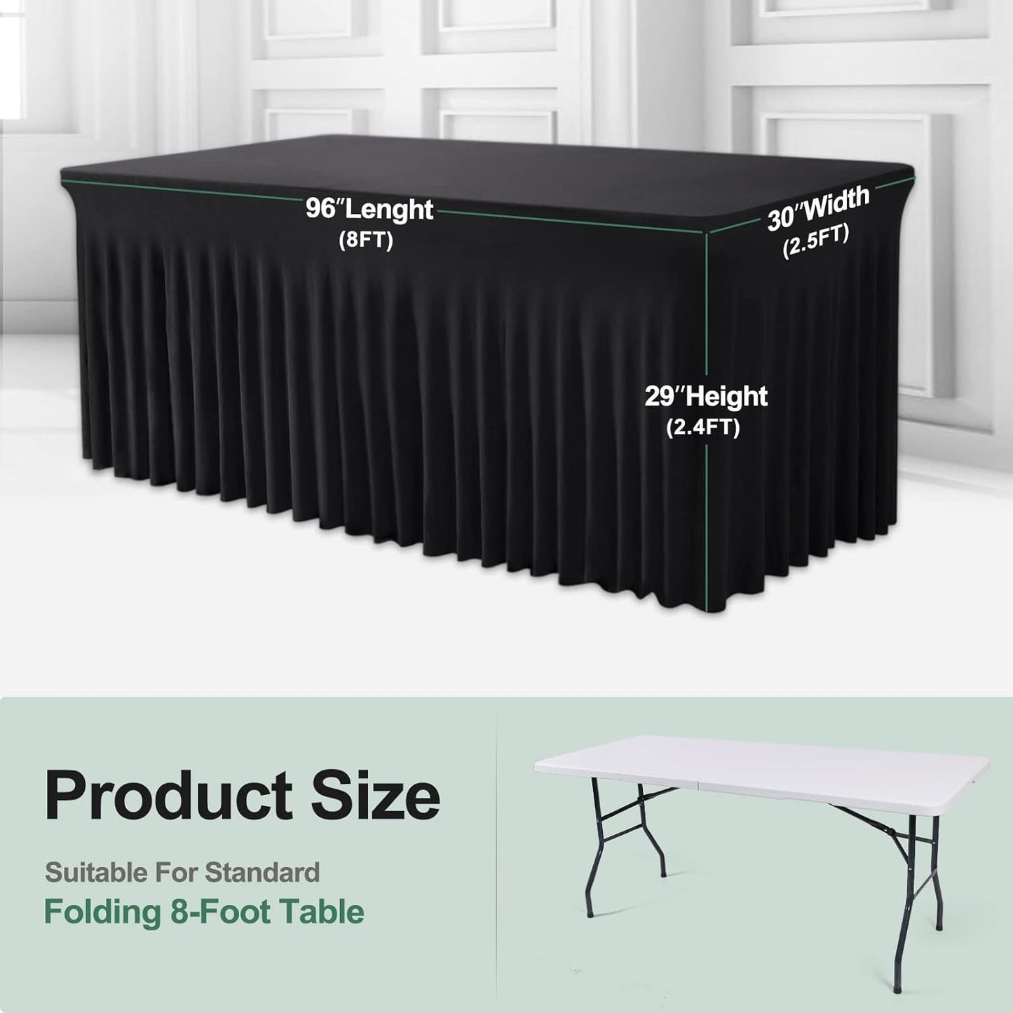 Table Skirts for Rectangle Tables 8ft - One-Piece Black Tablecloths and Skirt, Wrinkle Resistant Ruffles Elastic Cover for Banquets, Weddings, Events, Parties