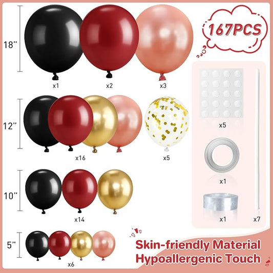 Burgundy Balloon Garland Arch Kit, 167Pcs Maroon Pearl Rose Gold Black Balloons for Birthday Graduation Bridal Shower Party Decorations