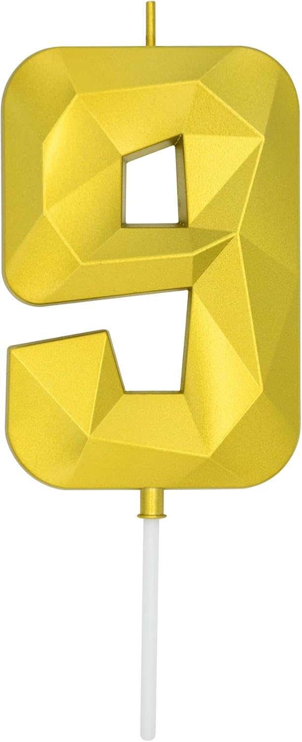 DERVENTA Large Birthday Candle Number 3D Gold 3.7 inch Party Celebration Anniversary Decoration Cake Topper 1 Piece (Number 9 Gold)