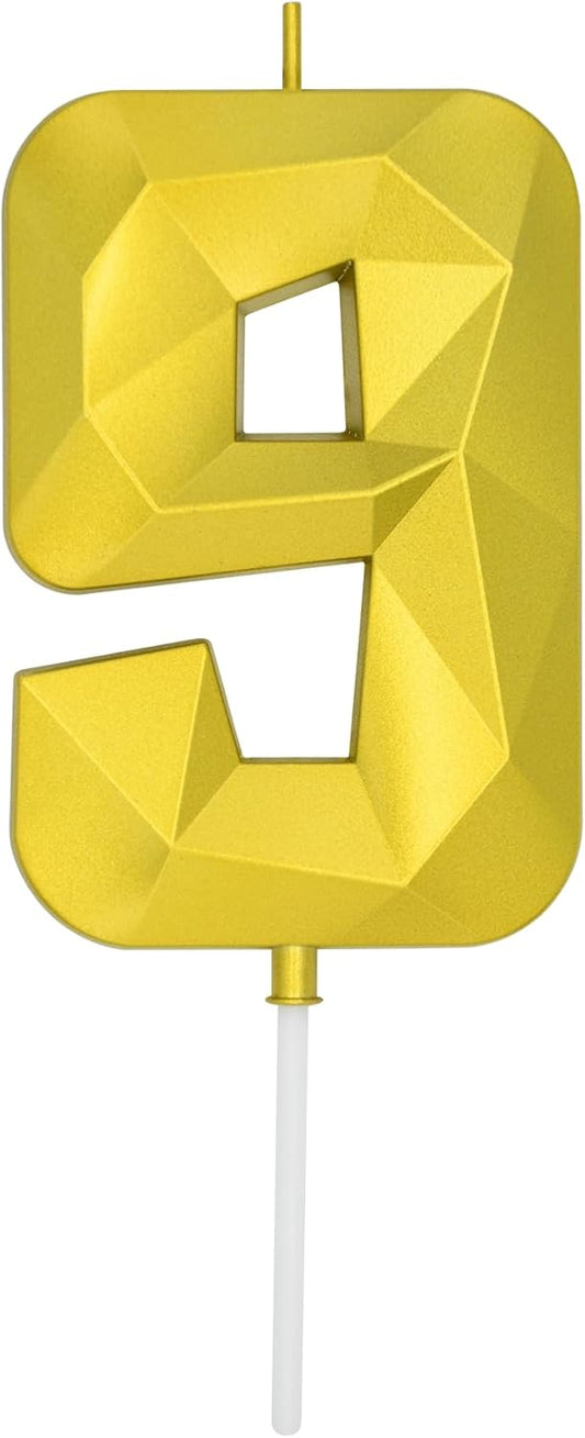 DERVENTA Large Birthday Candle Number 3D Gold 3.7 inch Party Celebration Anniversary Decoration Cake Topper 1 Piece (Number 9 Gold)