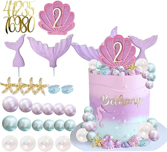 Mermaid Cake Topper Personalized Seashells Cake Topper with Children Age for Mermaid Under The Sea Theme Cake