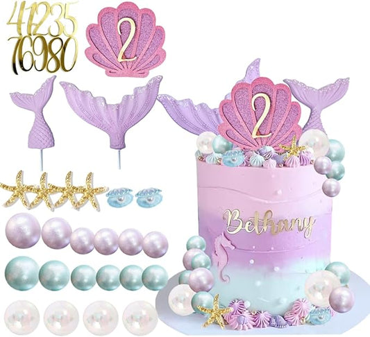 Mermaid Cake Topper Personalized Seashells Cake Topper with Children Age for Mermaid Under The Sea Theme Cake