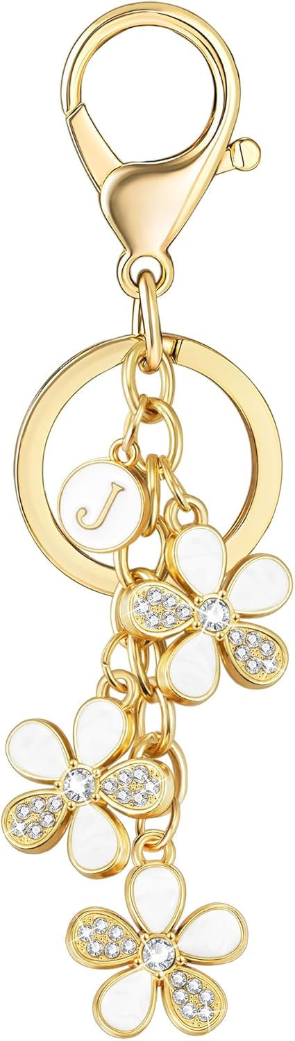 XGALBLA Cute Flower Crystals Rhinestone Initial Letter Keychain for Women, Bag Charms Bling Sparkly Enameled Keychain Handbag