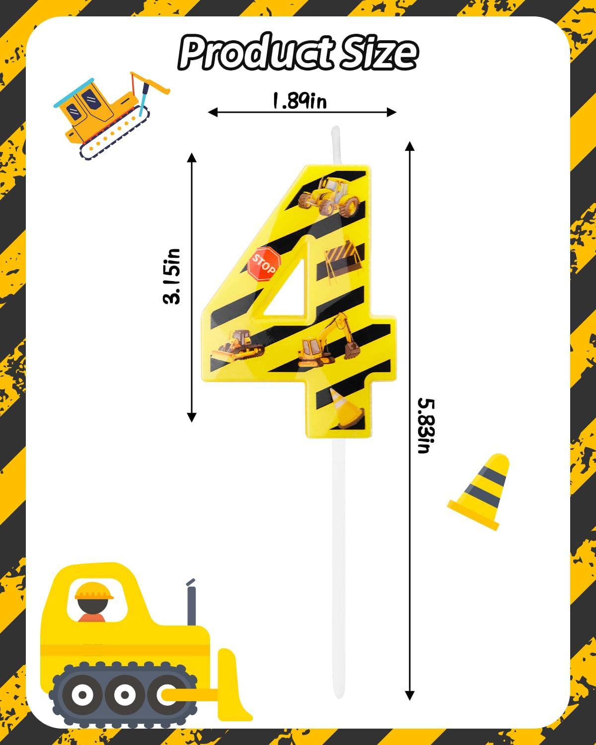 Number 4 Construction Birthday Candle, 2.68 Inch Yellow and Black Striped Candle, Birthday Candles Numbers Construction Cake Topper for Boys Girls, Construction Birthday Party Supplies Decorations