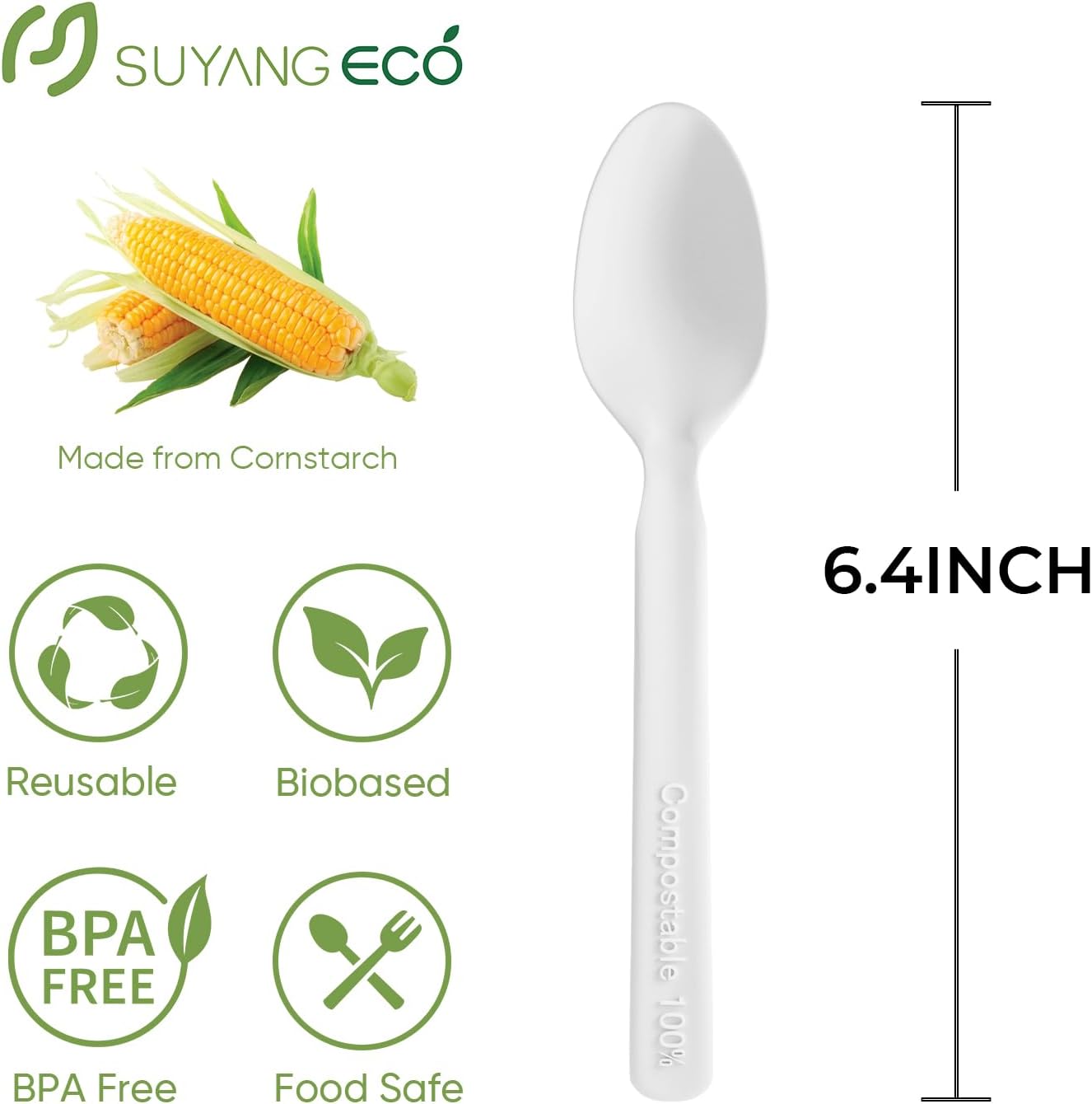 Compostable Spoons 100 Count Heavy Duty 100% No Plastic Spoons Bulk Cornstarch Biodegradable Spoon Eco Friendly Compostable Utensils for Party Campin