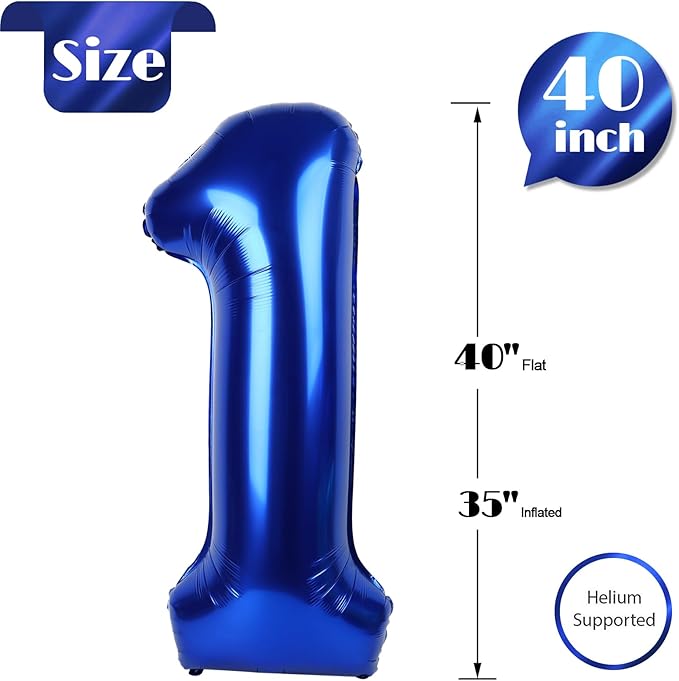 40 Inch Night Blue 1 Balloon for First Birthday, 1st Number Balloons Birthday Decorations for Girl Kids Toddler Baby, One Giant Number 1 Balloon