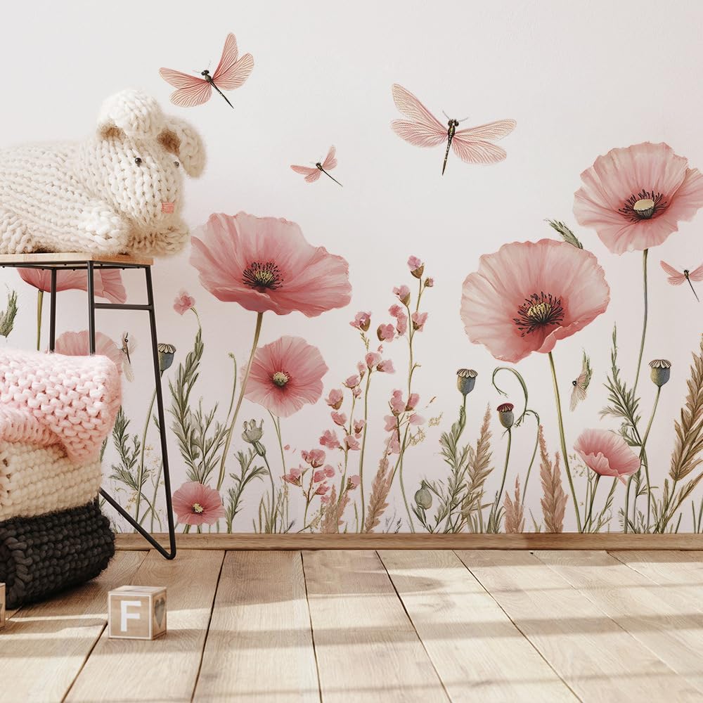 Watercolor Pink Flower Dragonfly Wall Stickers Botanical Removable Vinyl Wall Decals for Bedroom and Living Room