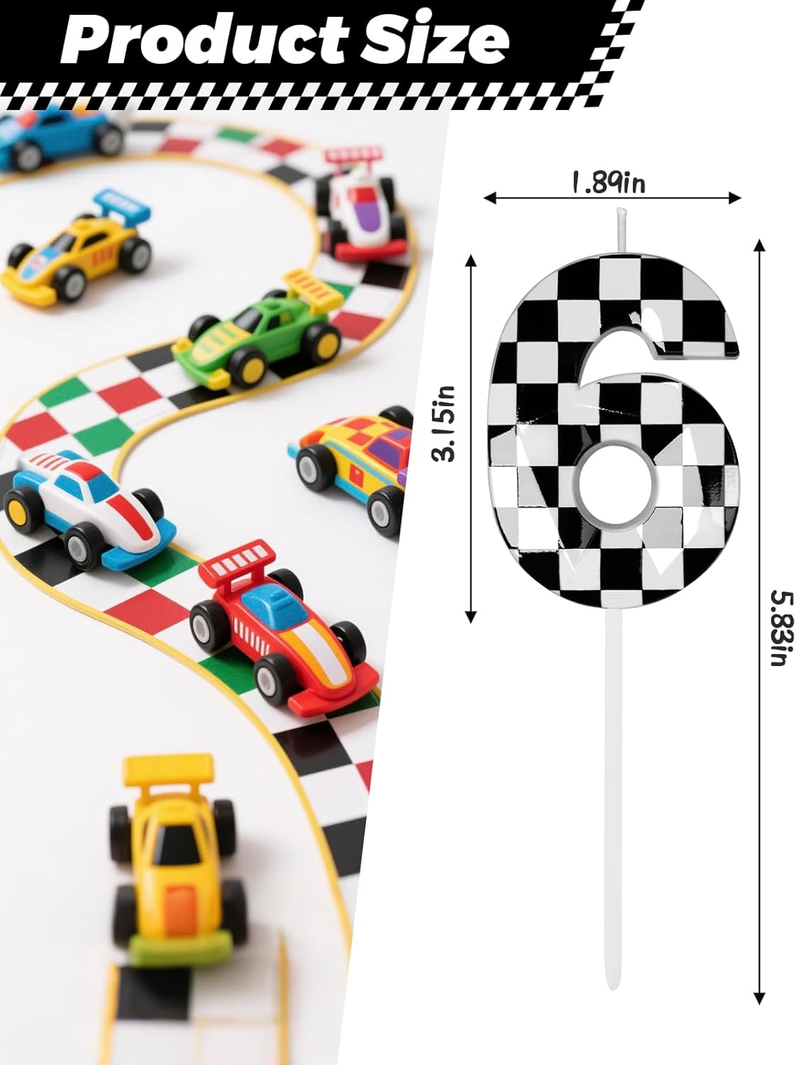 Number 6 Racing Cars Birthday Candles,2.68 Inch Black White Checkered Birthday Number Candles, Cool Racing Themed Number Candles for Boys and Girls, Kids Race Car Themed Party Decorations Supplies