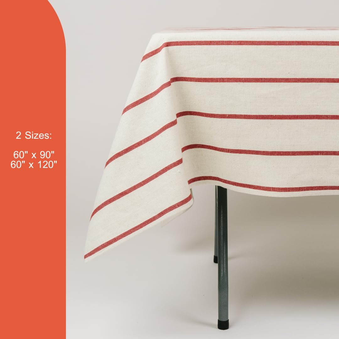 60x90 in Cotton Tablecloth – Large Rectangular Dining Table Cover for Kitchen, Weddings, Parties, Indoor or Outdoor Picnic and Everyday Décor – Red Stripe/Natural