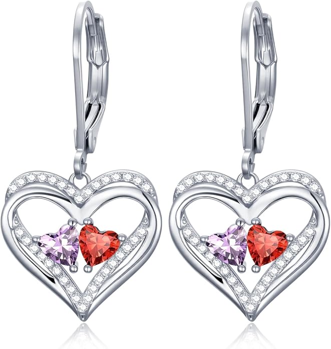 Valentines Day Gifts for Women, Heart Leverback Earrings Double Birthstone Dangle Earrings for Women, Love Jewelry for Her, Anniversary Birthday Gift for Mom Wife Girlfriend