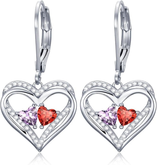 Valentines Day Gifts for Women, Heart Leverback Earrings Double Birthstone Dangle Earrings for Women, Love Jewelry for Her, Anniversary Birthday Gift for Mom Wife Girlfriend