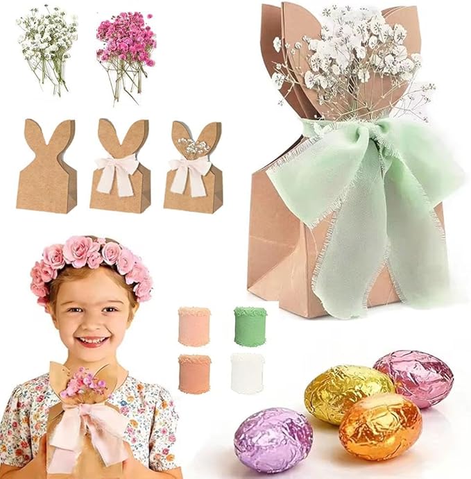 12 Set Boho Bow Easter Bunny Party Favor Bags, DIY Bunny Gift Boxes with Boho Neutral Bow Ribbon and Dried Flowers,Rustic Kraft Paper Rabbit Ears Treat Boxes Goodie Bags for Spring Holiday Decor(C)
