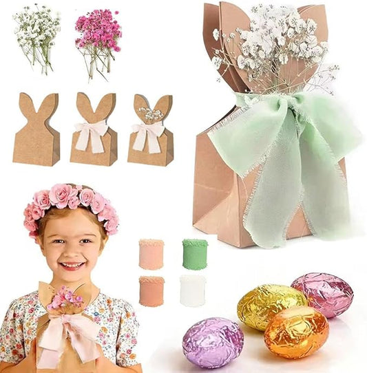 24 Set Boho Bow Easter Bunny Party Favor Bags, DIY Bunny Gift Boxes with Boho Neutral Bow Ribbon,Rustic Kraft Paper Rabbit Ears Treat Boxes Goodie Bags for Spring Holiday Decor(B)
