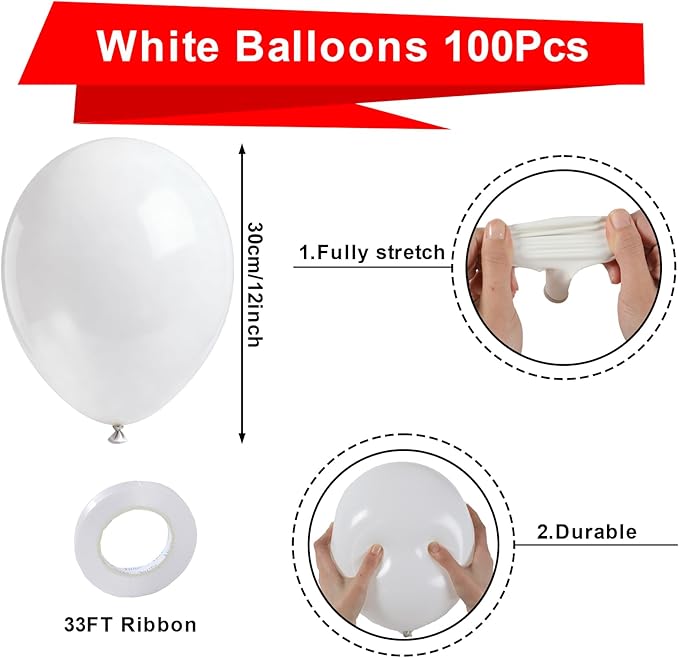 Patimate White Balloons - 100pcs 12 Inch White Latex Party Balloons for Engagement Anniversary Bachelorette Bridal Shower Wedding Baby Shower Birthday Party Decorations