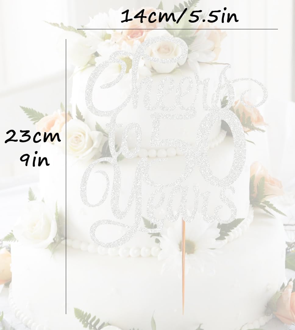 Cheers to 50 Years Cake Topper - Silver Glitter 50th Birthday Cake Decorating Supplies, Perfect for 50th Anniversary or Fifty Birthday Party, Photo Booth Props