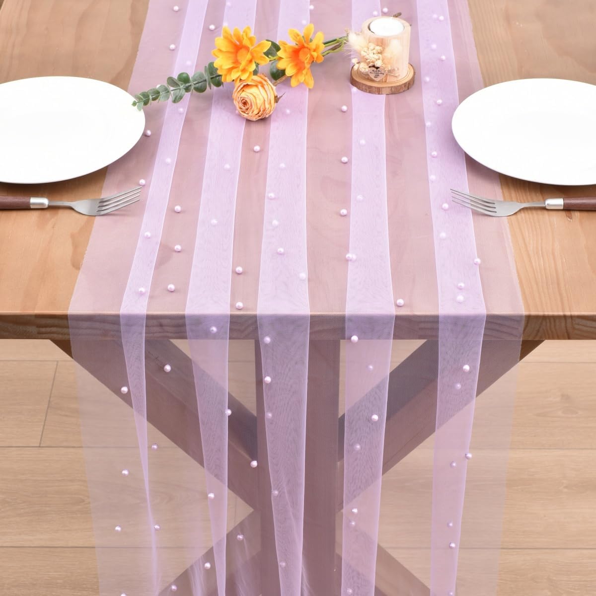 Lilac Pearl Fall Thanksgiving Table Runner Boho Rustic Tulle Lace Table Runner for Baby Shower Wedding Arch Decor Veil Dessert Table Decor