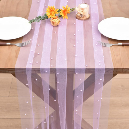 Lilac Fall Thanksgiving Pearl Table Runner Boho Rustic Tulle Lace Table Runner for Baby Shower Wedding Arch Decor Veil Dessert Table Decor 3pcs