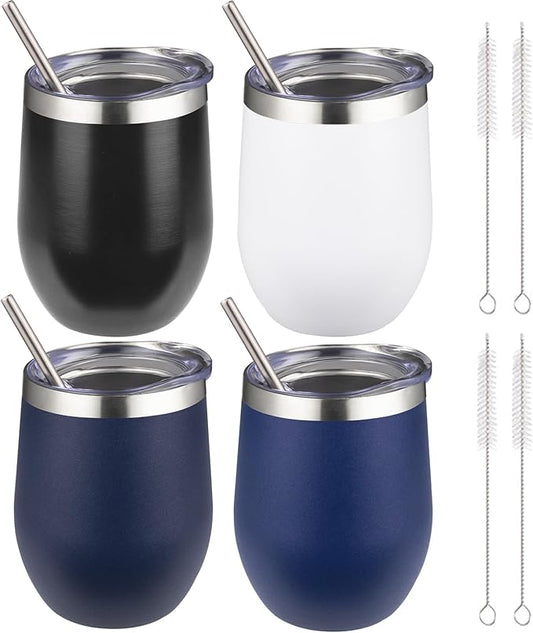 12 oz Insulated Wine Tumbler with Lid and Straw,Stainless Steel Stemless Wine Tumbler Double Wall Vacuum Wine Cups Tumbler Bulk for Coffee,Champaign,Cocktail,Office(Black/White/Navy blue/Dark blue)