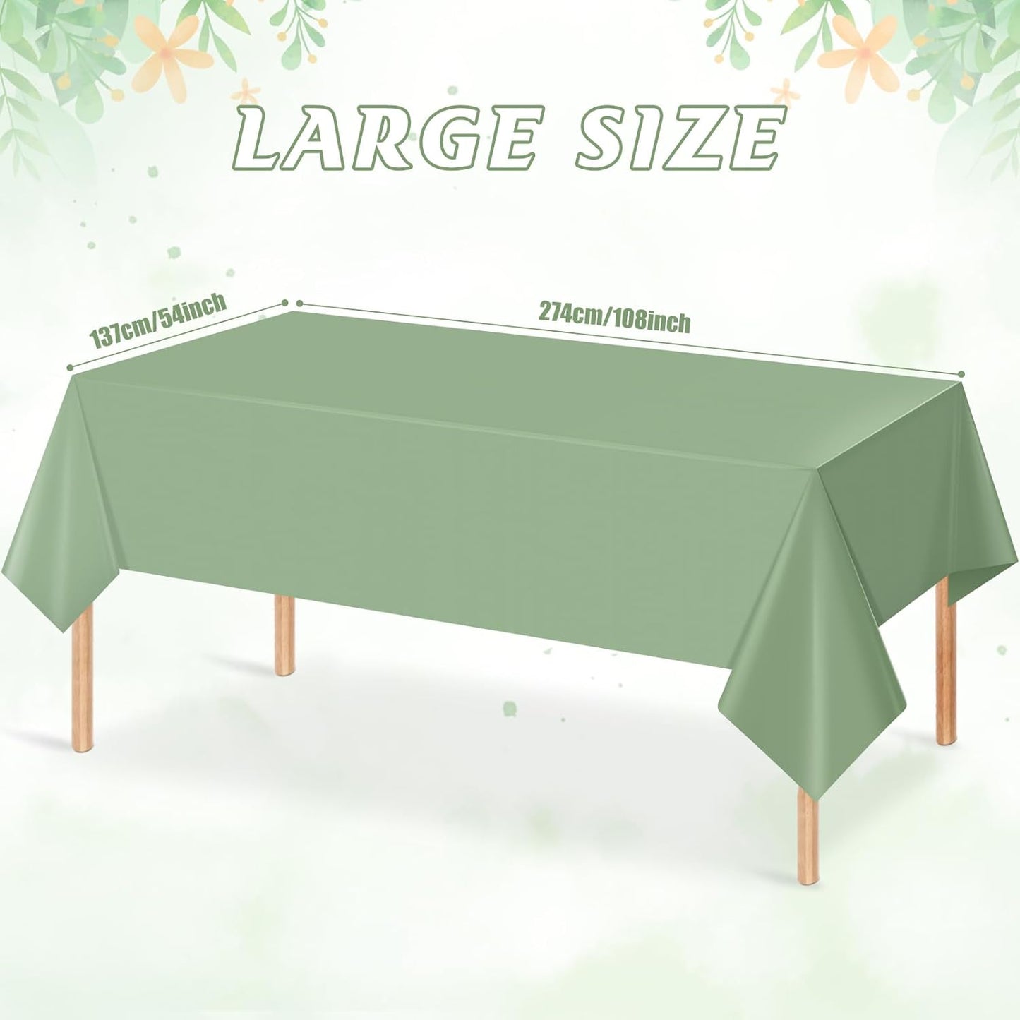 6Pack Sage Green Plastic Tablecloths for Rectangle Tables, Light Green Disposable Tablecloth, Waterproof Sage Green Table Cover for Birthday Bridal Wedding Baby Shower Party Decorations, 54 X 108Inch