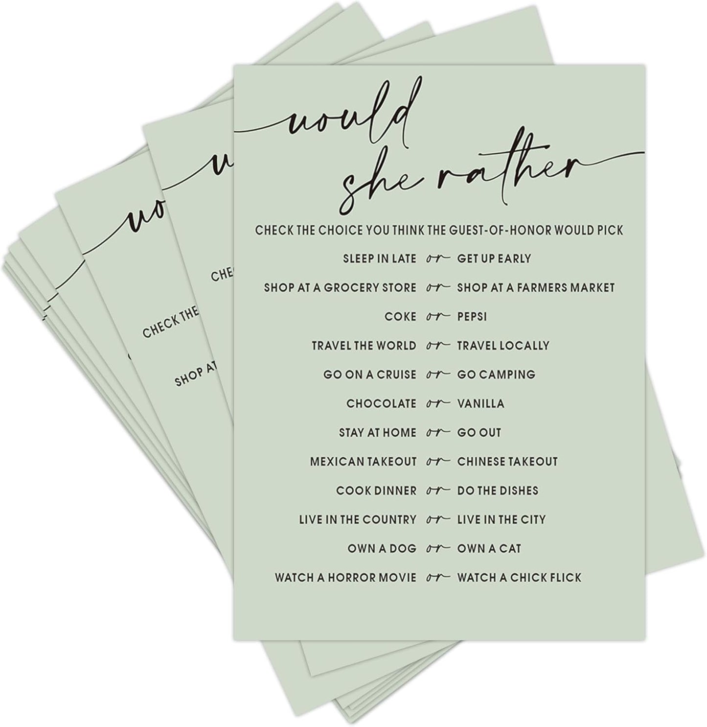 Bridal Shower Games, Would She Rather, 25Pcs Minimalist Sage Green Bridal Game Cards, Wedding Shower Games for Guests, Engagement Bachelorette Party Supplies