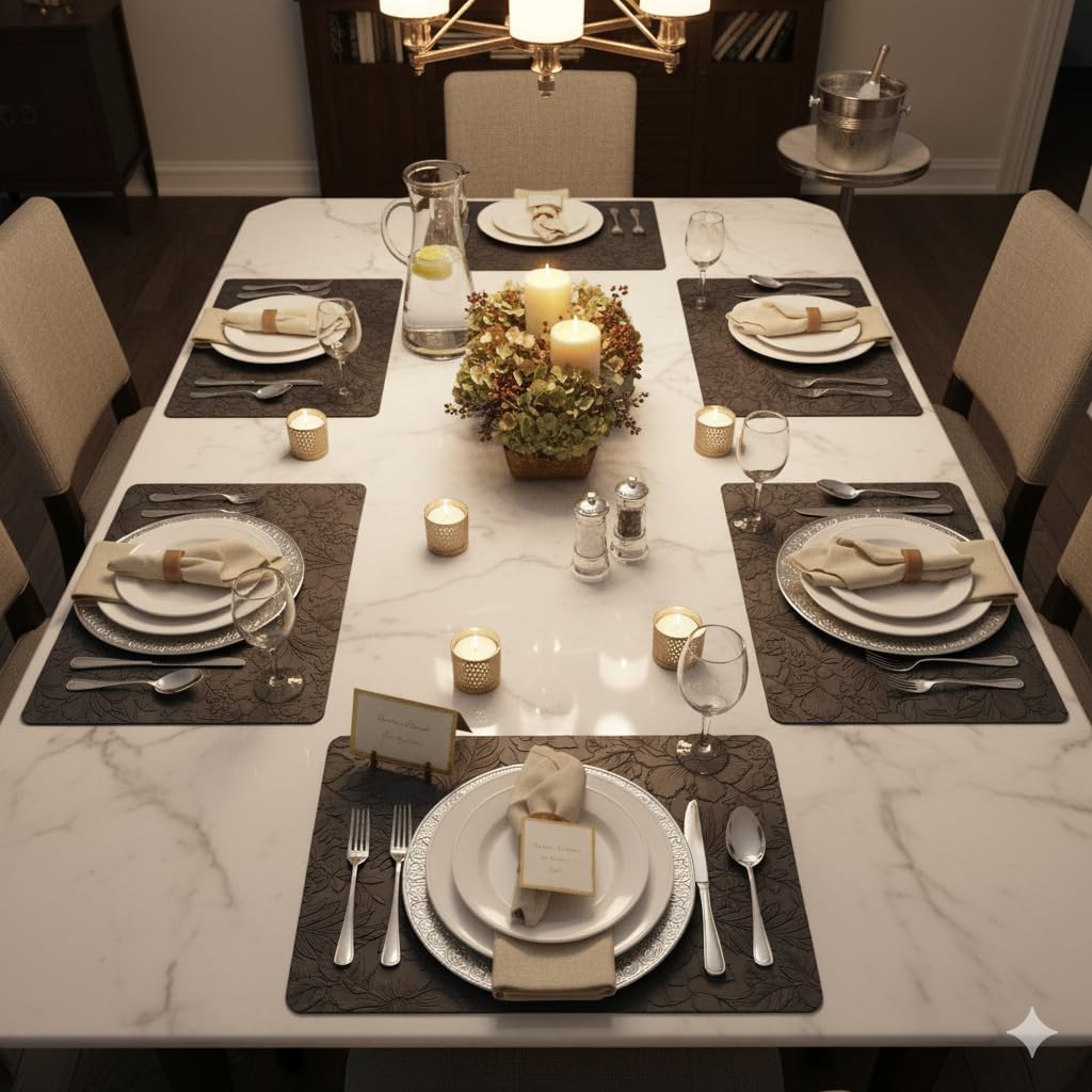 17" × 12" Faux Leather Placemats Set of 6, Black, Washable, Wipeable & Heat-Resistant Table Mats, Waterproof & Anti-Slip Dining Place Mats with Shallow Embossed Texture for Kitchen & Dining & Outdoor
