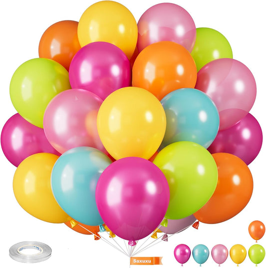 Tropical Balloons, 12 Inch Hawaii Balloons, Colorful Balloon, Pearl Hot Pink Teal Blue Yellow Fruit Green Latex Balloon for Summer Pool Beach Hawaiian Flamingo Theme Birthday Party Decoration
