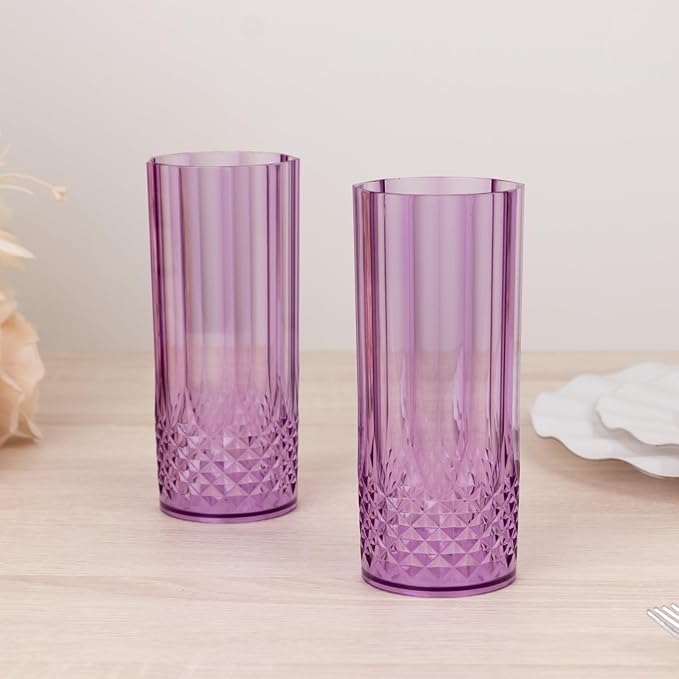 Efavormart 6-Pack Plastic Highball Glasses, 14oz Shatterproof Crystal Cut Drink Glasses for Kitchen Mojito Whiskey Cocktail, Purple