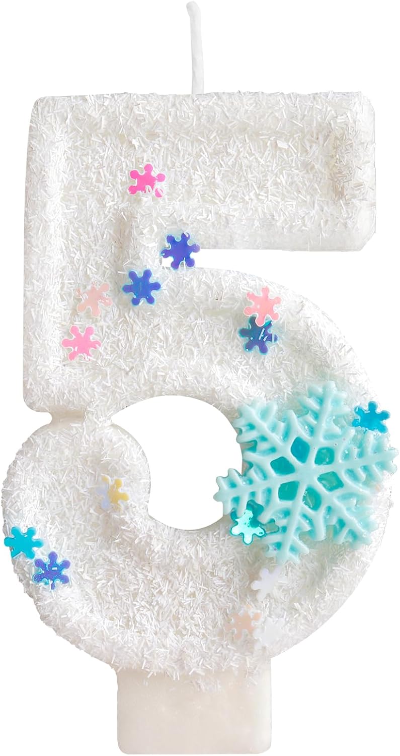 White Frozen Snow Themed Birthday Candles,White Snow Snowflake Number 5th Birthday Candle for Party Supplies,Winter Frozen Birthday Party Number 5 Cake Topper Decorations
