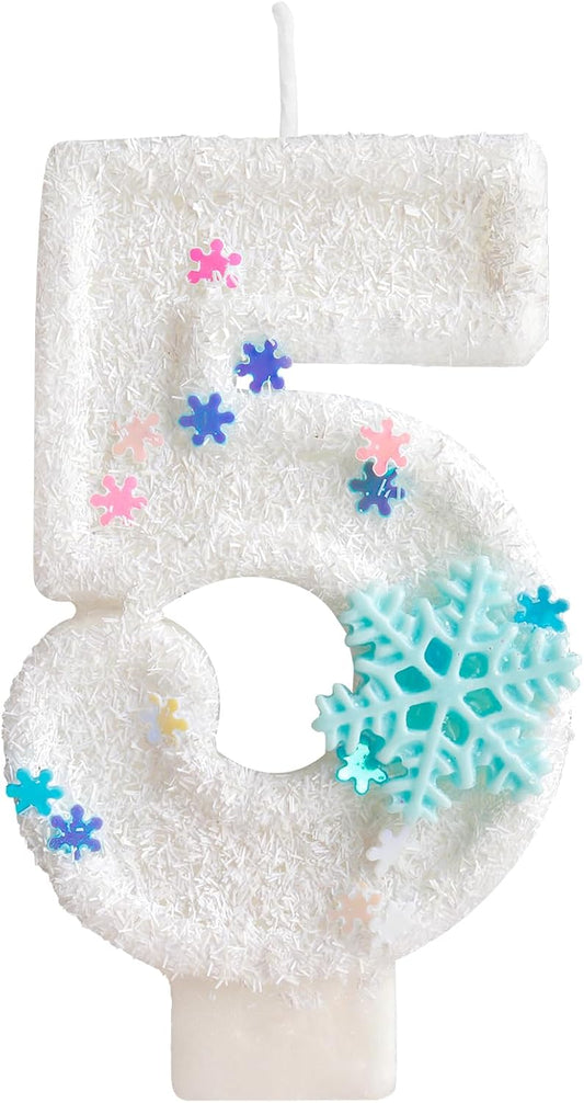 White Frozen Snow Themed Birthday Candles,White Snow Snowflake Number 5th Birthday Candle for Party Supplies,Winter Frozen Birthday Party Number 5 Cake Topper Decorations