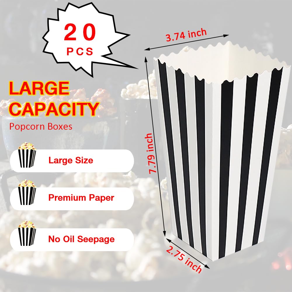 20 Pcs Large Capacity Black Paper Popcorn Boxes, Disposable Popcorn Containers for Party(7.79 x 3.74inch)